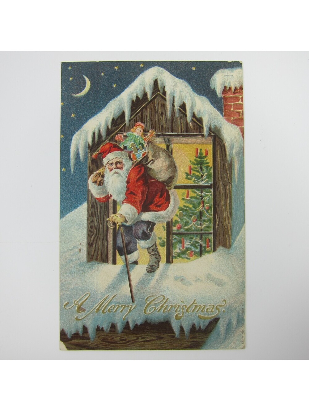 Vintage Christmas Postcard Santa Toy Sack Snow Roof Window Moon Embossed Antique